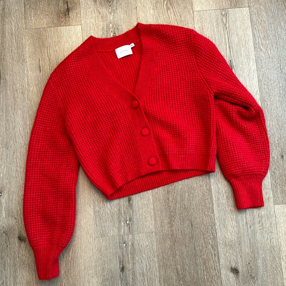 Lush waffle knit open front button knit cardigan red small NWOT